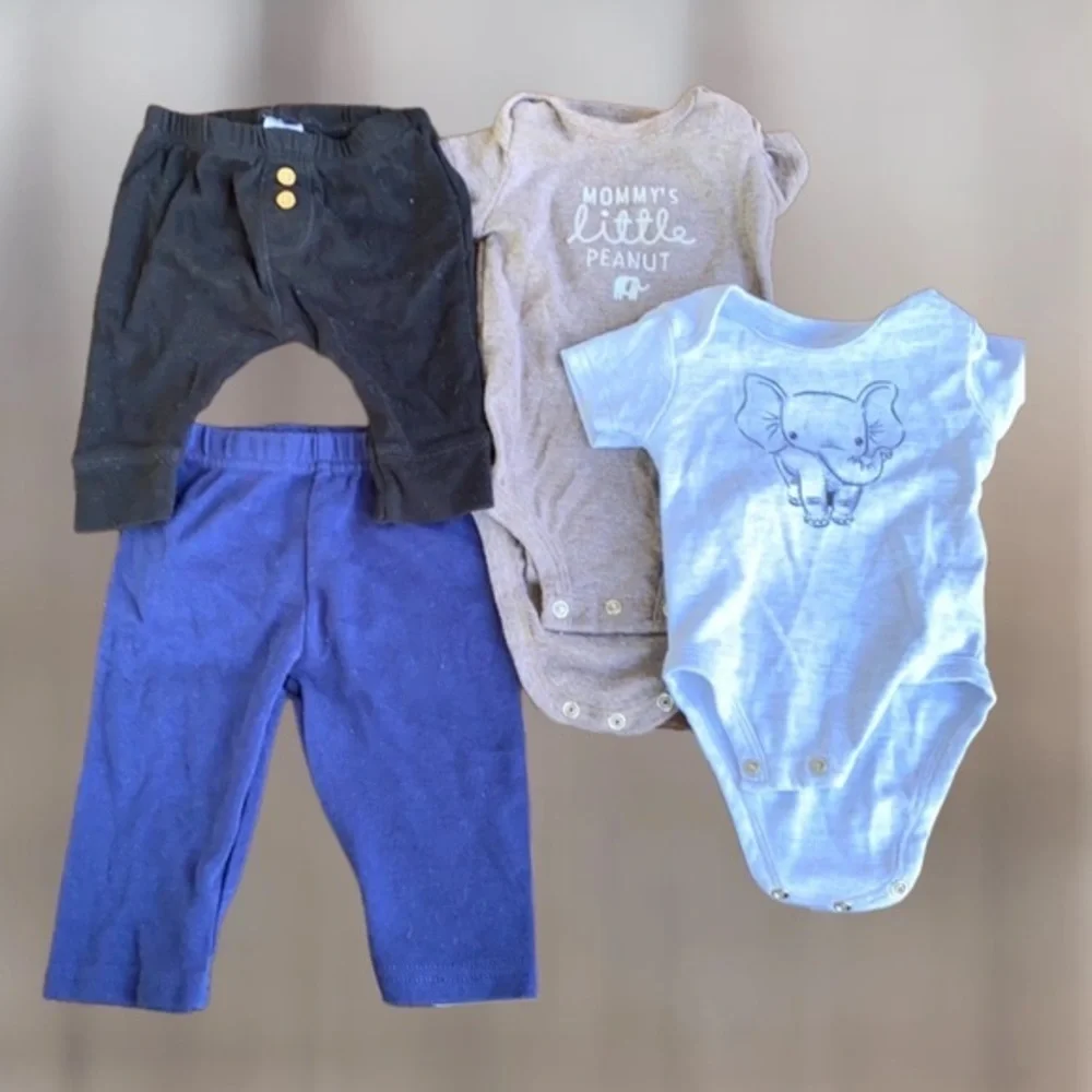 Baby 3M Elephant 4 Piece Lot Carter’s Mommy’s Little Peanut Bodysuits Pants